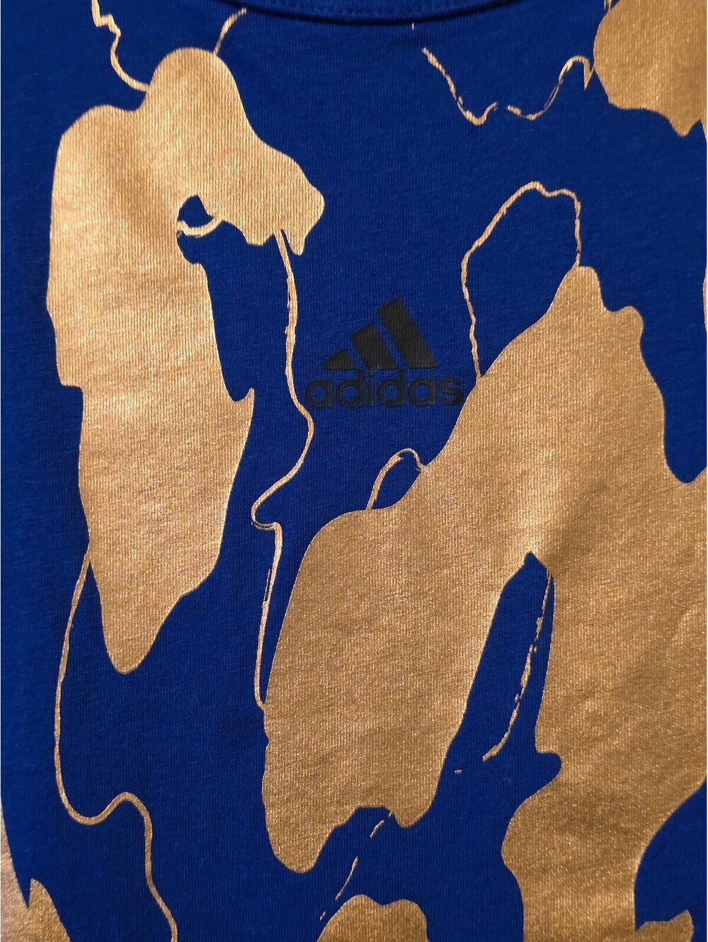 Adidas x Zoe Saldana Blue & Metallic Gold Foil Abstract Tee Shirt Size Large